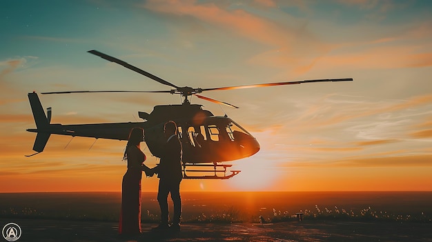 Photo the couple stands on the helipad as the sun sets behind them the man is in a suit and the woman is wearing a red dress