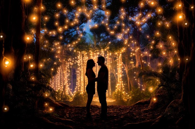 Photo a couple stands in the middle of a botanical garden at night garden of lights proposal