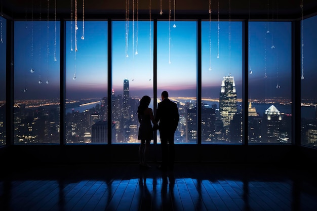 Couple stands at panoramic window of skyscraper overlooking nighttime cityscape