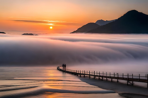 A couple stands on a pier in the fog at sunset.