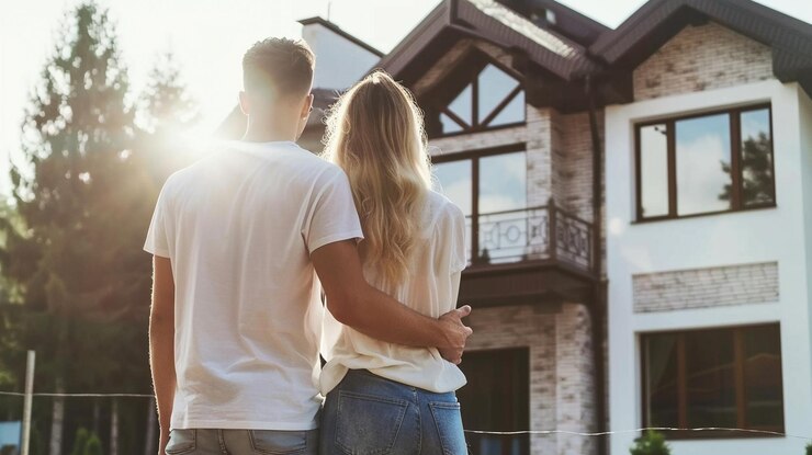 Photo couple stands together arms around each other in front of their new home the image captures a mom
