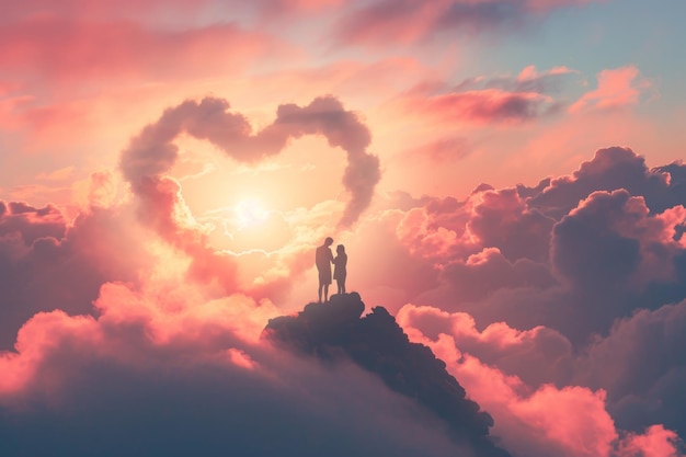 A couple stands triumphantly on a cloud in the shape of a heart expressing their love and unity A couple standing on the top of a hill surrounded by heartshaped clouds AI Generated