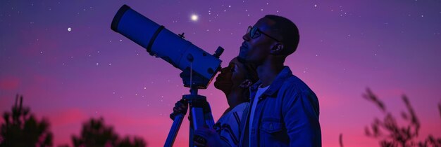 Photo a couple stargazing with a telescope on a clear night with a starfilled sky and engaged