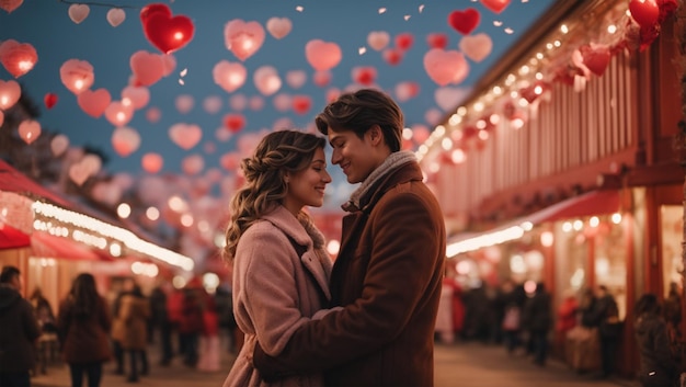 A couple under a string of red balloons and heartshaped roses