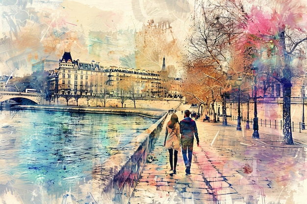 A Couple Strolls along the French Embankment Bright Colors Modern Art Abstract Generative AI Illustration