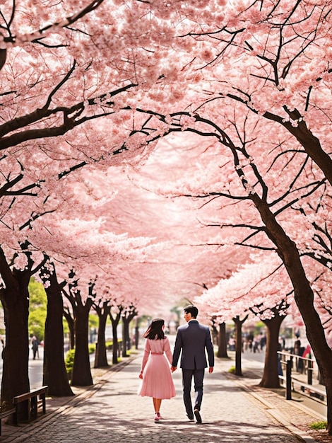 Foto una coppia passeggia attraverso un pittoresco giardino di fiori di ciliegio