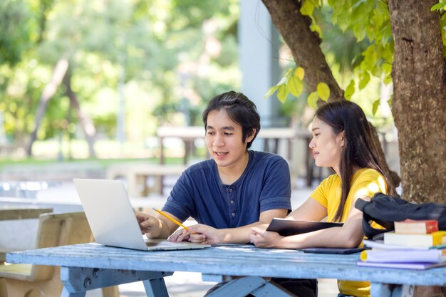 いくつかのオンライン調査をしている屋外の大学でラップトップに座って使用している学生のカップル