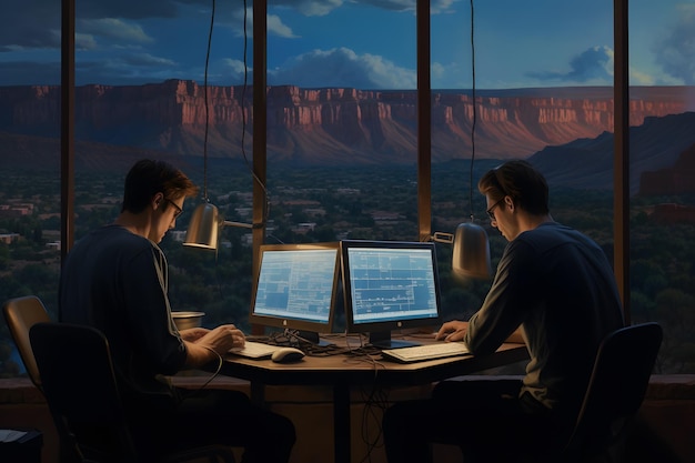 A couple of students working with laptops at a desk unreal engine