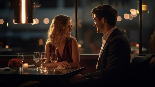 Couple in suits having a romantic dinner in a modern restaurant Celebrate Valentine39s Day