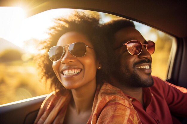 Photo a couple in sunglasses are in a car and the sun is shining through the window