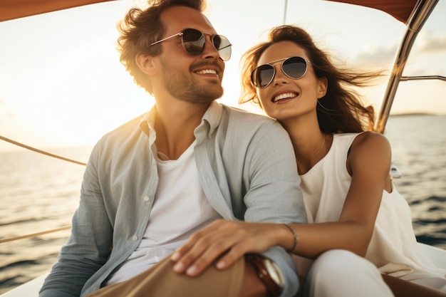 a couple in sunglasses is sitting on a sailboat or yacht at sunset