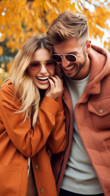 a couple in sunglasses and a sweater are posing for a photo