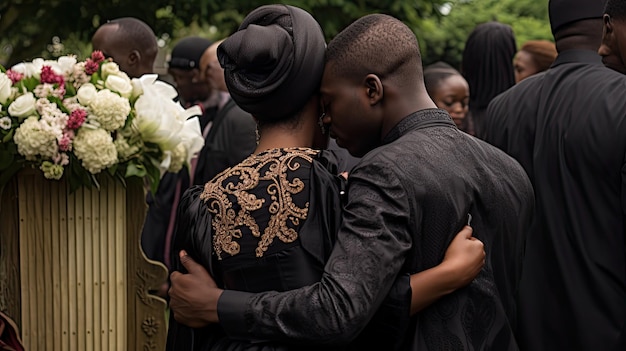 Photo couple supporting each other during funeral ceremony sadness and grief generative ai