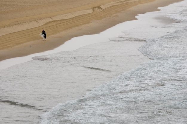 Пара серферов гуляет со своими досками для серфинга на пляже Бонди-Бич.