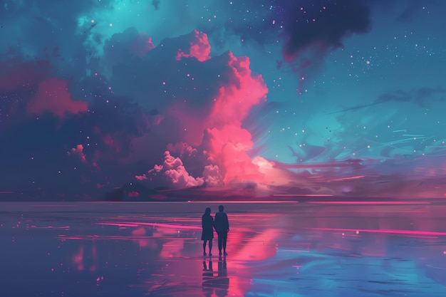 A couple under a surreal pink sky