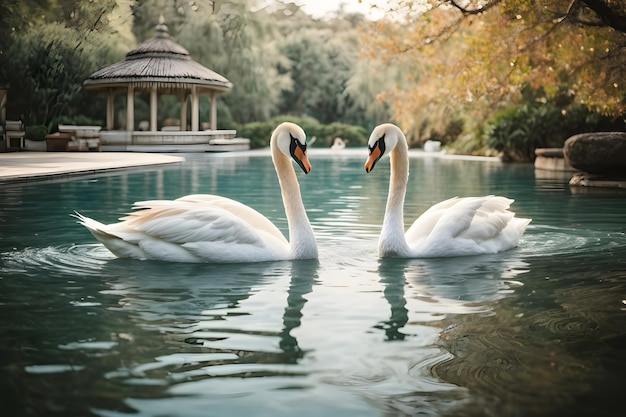 Photo a couple of swans swimming elegantly in a lake