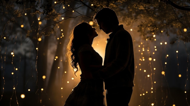 A couple swaying to a romantic melody under a starlit sky their silhouettes framed by twinkling lig