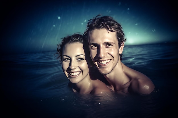 A couple swimming in the ocean under the rain