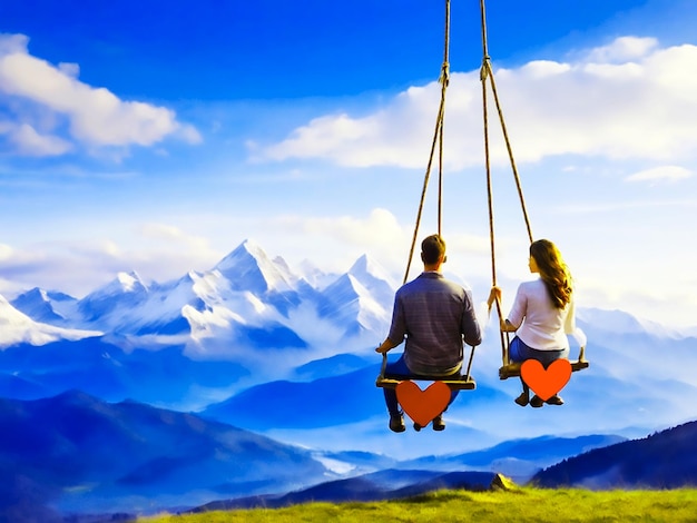 Couple on swing contemplating the mountains in a romantic view with heart shape