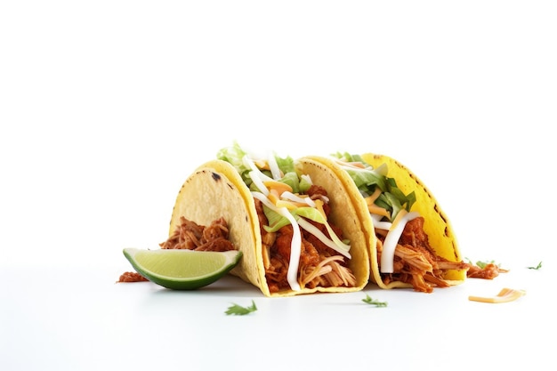 A couple of tacos sitting on top of a white table generative AI