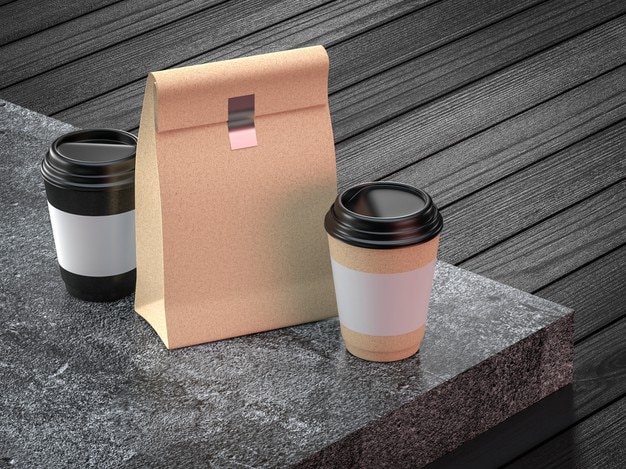 Couple take away coffee cup and snack food bag