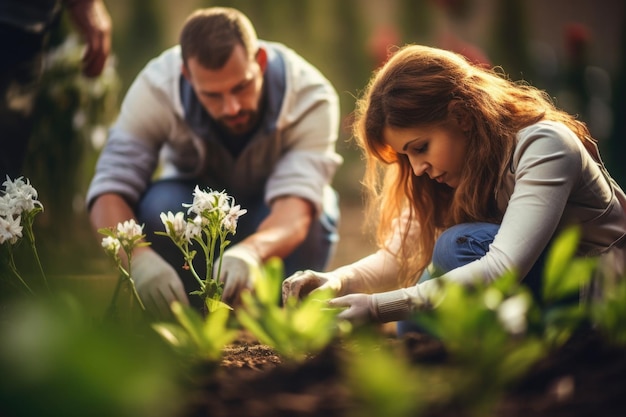 カップルが庭の花の世話をする 屋外で一緒に働く男女