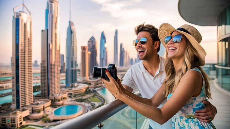 Photo a couple taking a photo with a camera and a city skyline in the background