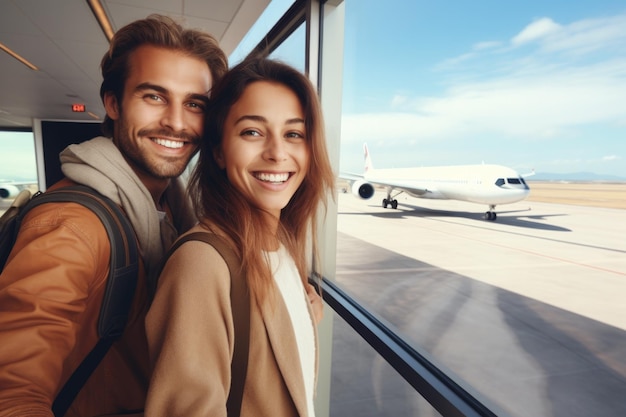 Couple taking a selfie in the airport Happy couple traveling on vacation