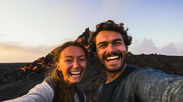 a couple taking a selfie in front of a volcanic mountain in the style of burned charred