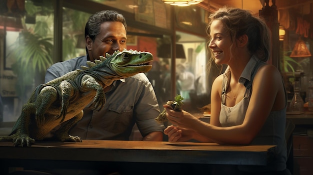 Photo a couple taking their pet iguana to background