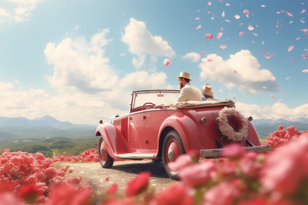 Photo a couple taking a vintage car ride through scenic 00064 03