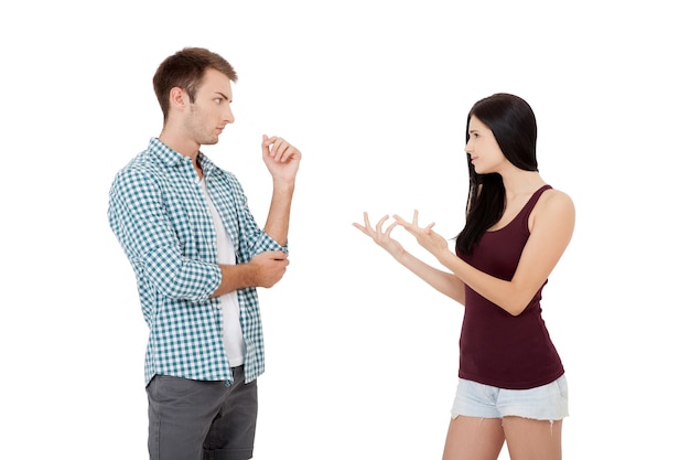 Couple talking arguing on each other isolated