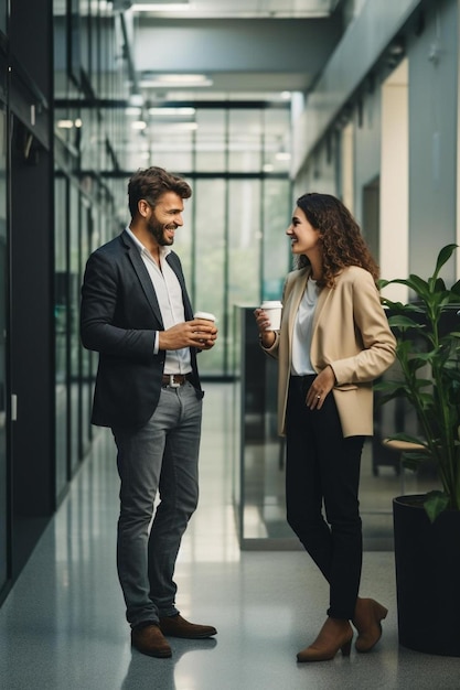 couple talking in a lobby with a coffee cup in the foreground