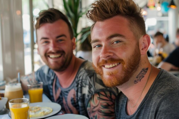 Couple of tattooed men having breakfast smiling looking happy morning routine people natural light