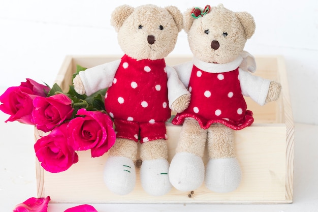 couple teddy bear with rose flowers decoration postcard style