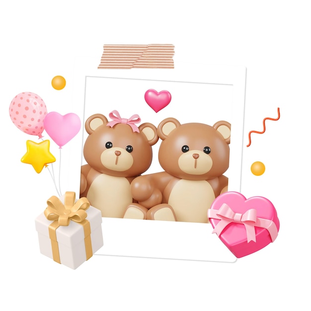 couple teddy bears png birthday celebration 3d illustration transparent background
