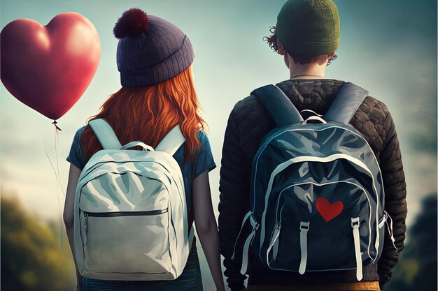 Foto coppia di adolescenti con borse scolastiche, con palloncino a forma di cuore, san valentino. ia generativa