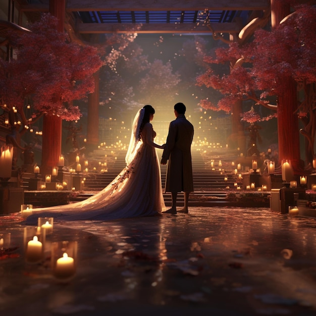 a couple in a temple with a lit candle in the background.