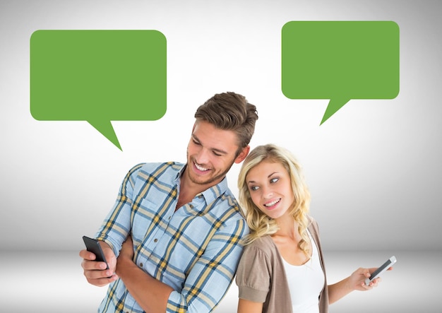 Couple texting with empty chat bubbles