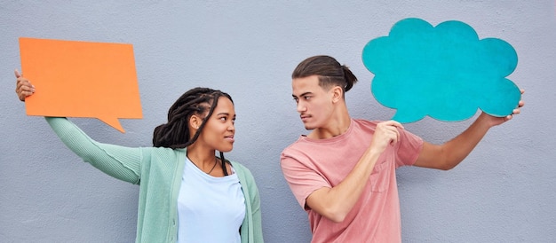 Couple thinking or speech bubble on isolated background of voice mockup social media or vote mock up People man or black woman on paper poster marketing billboard or competition feedback review