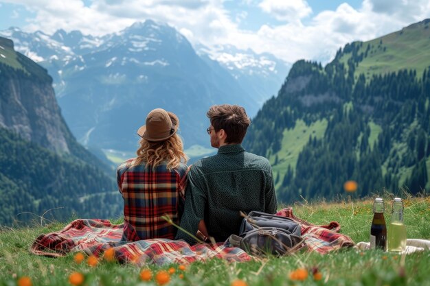 Couple together having a picnic in the mountains