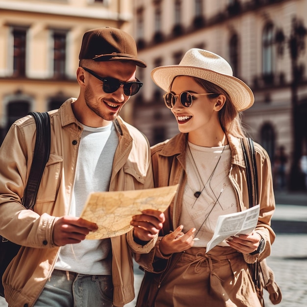 A couple of tourists looking at a map and reading a map