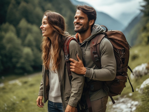 A couple of tourists man and woman with backpacks on a hike in the forest