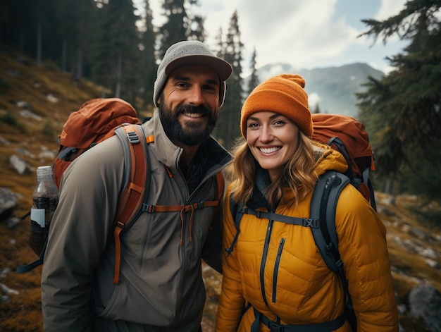 A couple of tourists man and woman with backpacks on a hike in the forest