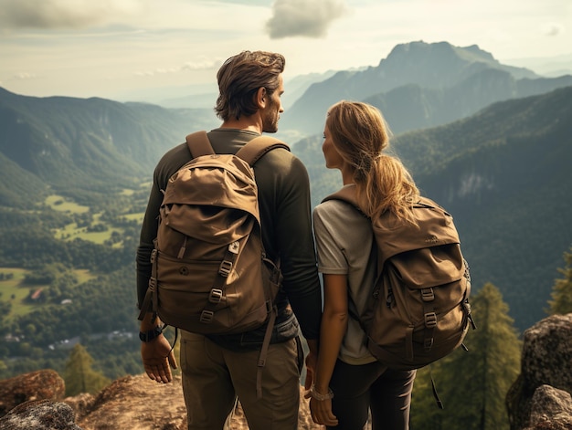 A couple of tourists a man and a woman with backpacks stand on top reached destination of trip