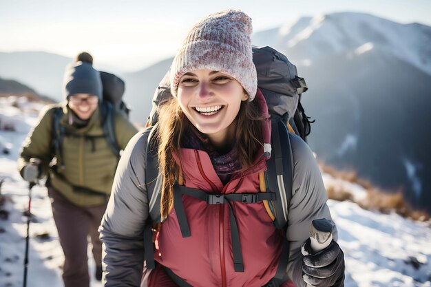 Photo couple of tourists in ski suits are climbing up at snowcovered mountain trail