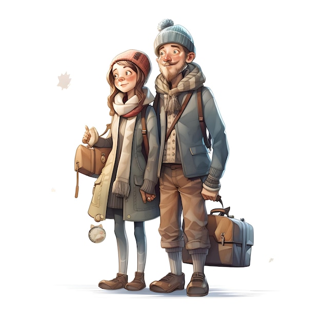Пара туристов в зимней одежде с рюкзаками и картой