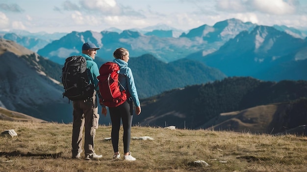 Couple of tourists with backpacks on mountain