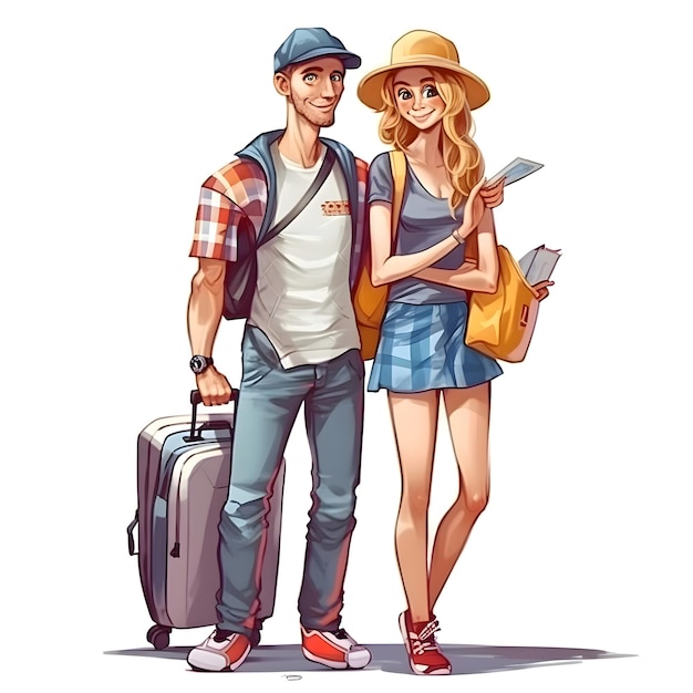 Couple of tourists with suitcase and map Vector illustration in cartoon style