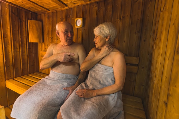 A couple in towels are sitting in a sauna